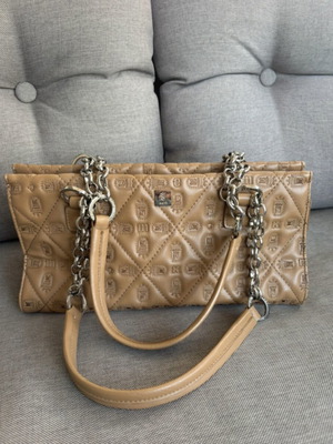 KEM shoulder bag like new, beige quilted design with embossed monogram and chains