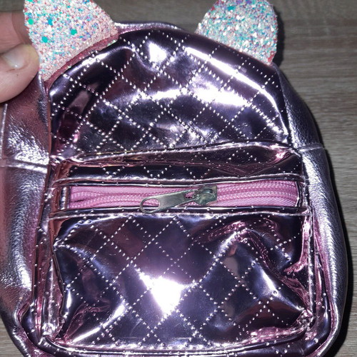 Pink lamé backpack used for small girl 17 cm