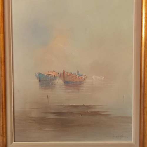 Dimitris Hantzinas oil painting seascape with traditional fishing boats