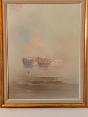 Dimitris Hantzinas oil painting seascape with traditional fishing boats
