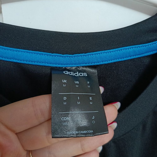 Adidas black sports shirt, size M, blue stripes