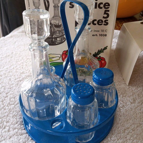 Oil and vinegar set 5 pieces, new, stainless steel, blue