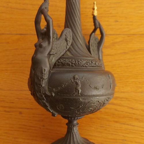 Ancient Greek hydria Empire style used with granite base and winged torchbearers