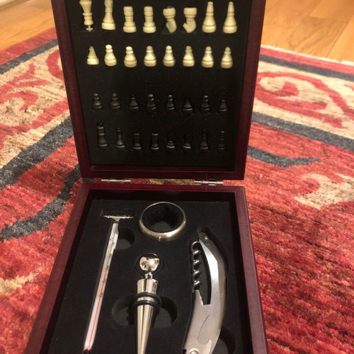 Bar accessories set with miniature chess in wooden case like new