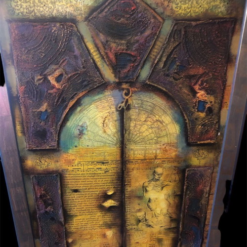 Painting Ekremes used, oil, sand, collage 57x138cm