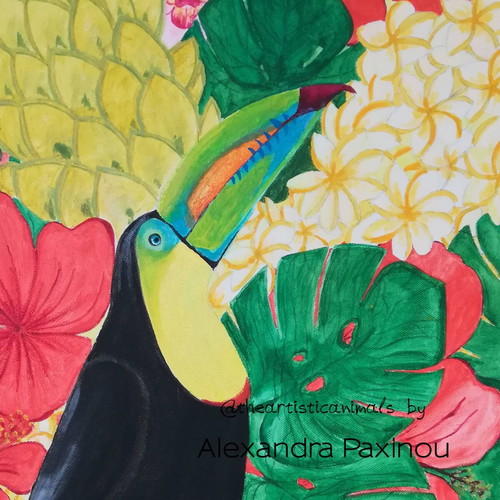Painting Toucan Parrot with Tropical Leaves and Flowers, Acrylic, New