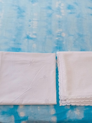 Tablecloths antiques, set of two, used cotton with embroidery and lace