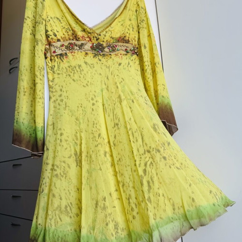 Silk Midi Dress Cinema by Panos Zinas like new, green and yellow