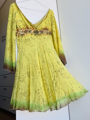 Silk Midi Dress Cinema by Panos Zinas like new, green and yellow