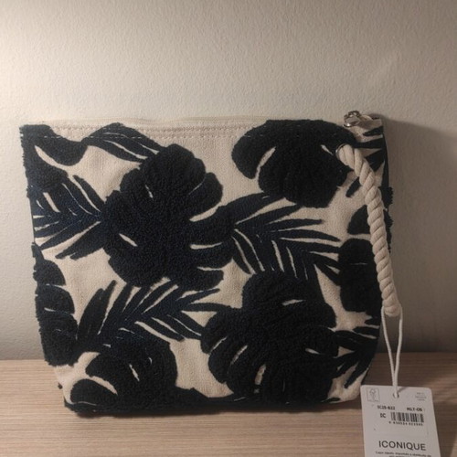 Iconique clutch bag new, white with dark blue leaves