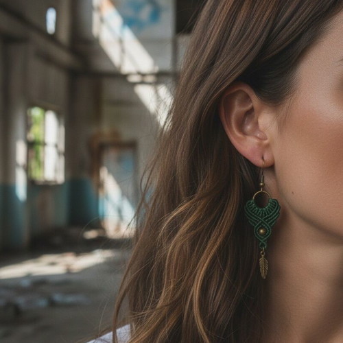 Boho Macrame Handmade Earrings Green New
