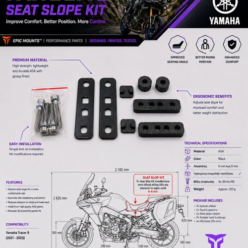Yamaha Tracer 9 2021–2025 seat slope kit new, 3D printed