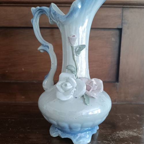 Vintage decorative ceramic jug with iridescent finish Rococo style