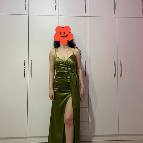 Satin dress green XS new with draped bust and slit