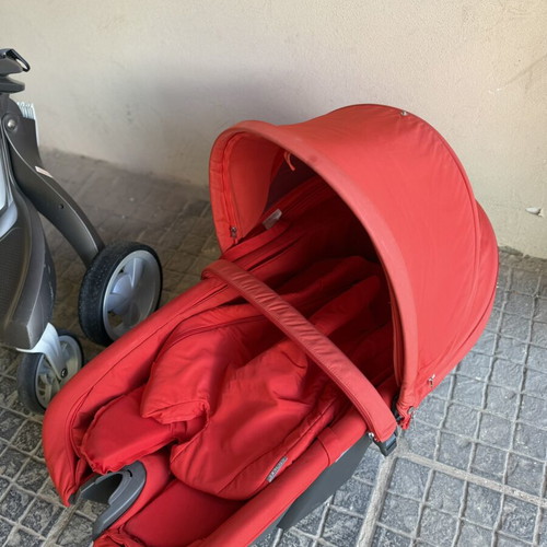 Stokke Baby Stroller 2-in-1 with Carrycot, like new, red