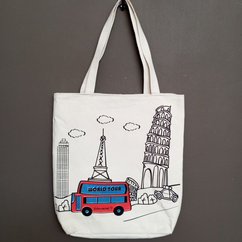 Tote bag "World Tour" fabric shoulder bag, white multicolor