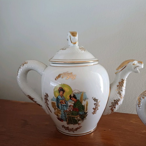 Japanese eggshell porcelain tea set new with lithophane Geisha and gold details