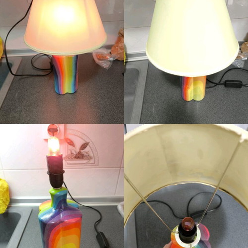 Handmade table lamp with rainbow base and green shade like new