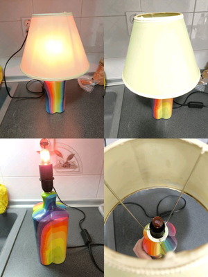 Handmade table lamp with rainbow base and green shade like new