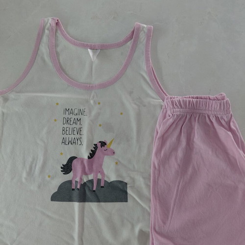 Children's summer pajama set with unicorn print, pink-lilac