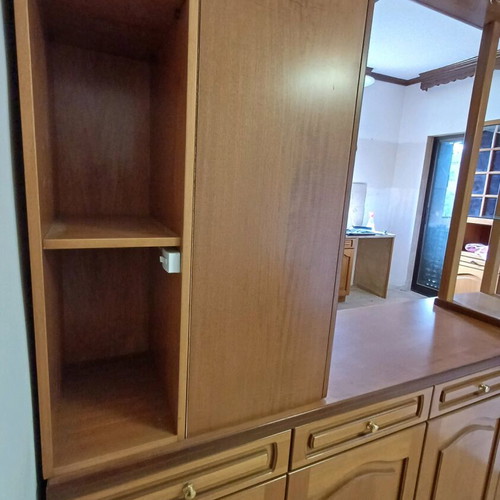 Wooden walnut display cabinet unit with lighting and storage spaces