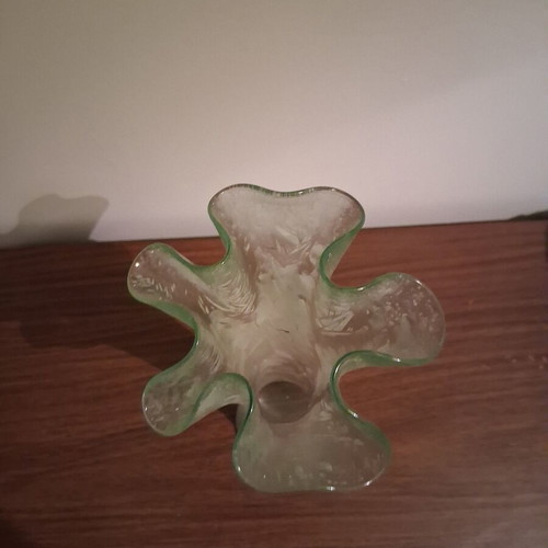 Glass vase with wavy rim used, vintage light green