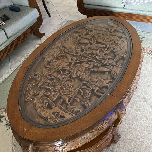 Chinese carved wooden coffee table set with six stools and four nesting tables like new