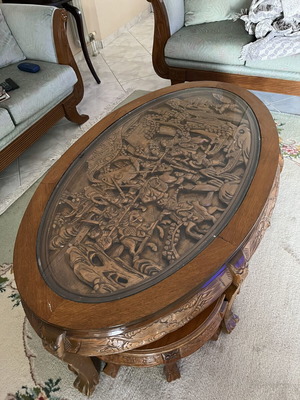 Chinese carved wooden coffee table set with six stools and four nesting tables like new