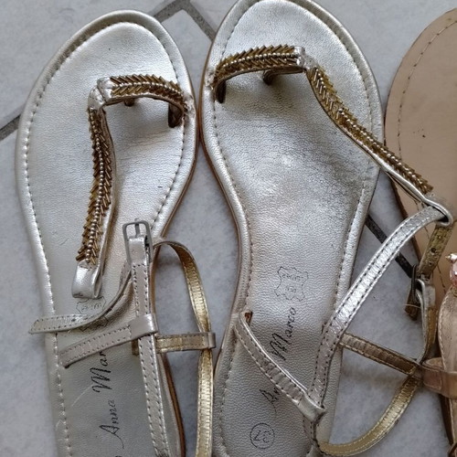 Leather sandals used, set of 2, size 37, beige and silver