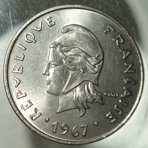 20 Francs 1967 coin used, French Polynesia and Vanuatu