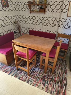 Wooden dining set used with table, 3 chairs, 2 benches, and side table