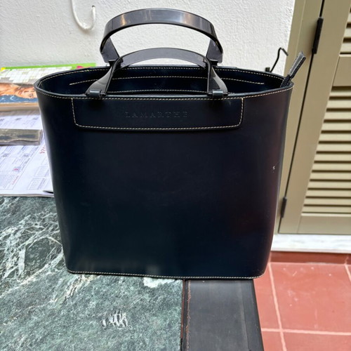 Lamarthe leather women's bag used, blue with transparent handles