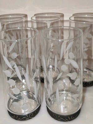 Vintage vodka/ouzo/cognac glasses set of 5, crystal and copper-nickel, like new