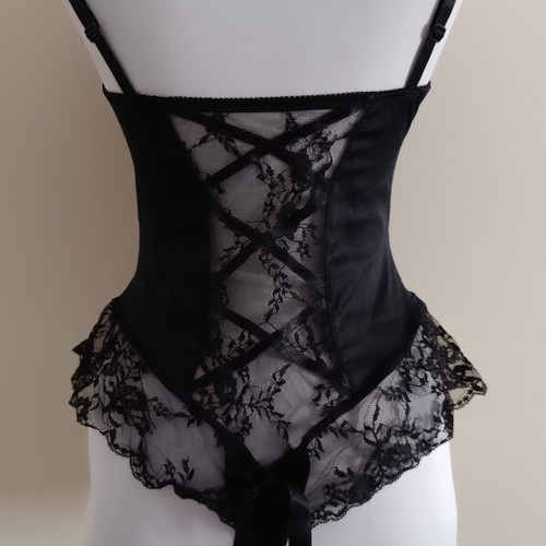 Black satin bodysuit with lace and bow, like new