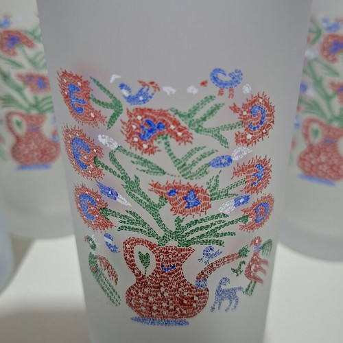 Collectible set of 6 matte glass tumblers with Benaki Museum design like new