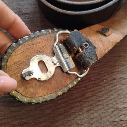 Vintage leather belt used with handmade wooden J.C.K. Trucking buckle