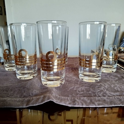 Set of 6 tall whisky glasses with gold PN insignia like new