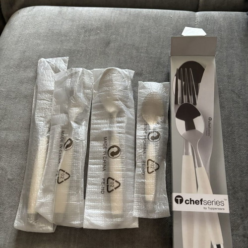 Tupperware cutlery set with white handles, new