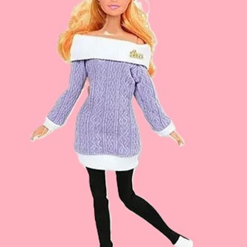 Purple knitted doll dress with hat, socks and white boots new