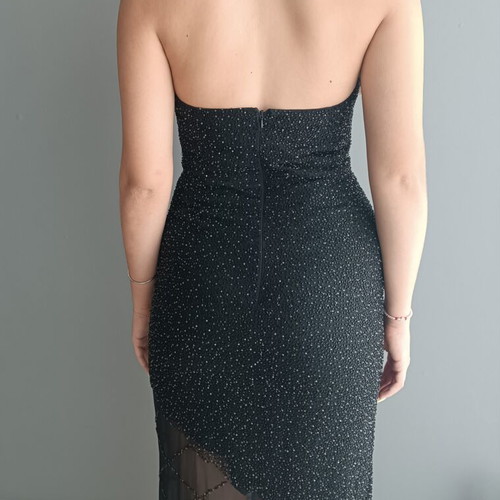 Luxury black silk maxi dress with handmade bead embroidery