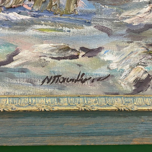 Relief oil painting by N. Papadopoulos in frame, like new, snowy landscape