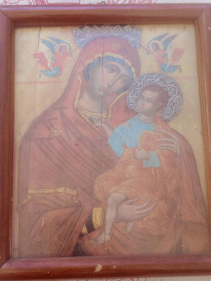 Religious icon of Panagia with Christ in wooden frame used