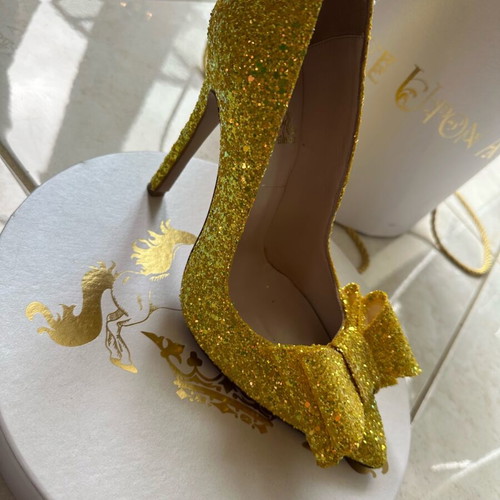 Yellow glitter high heels with bow, new, size 39