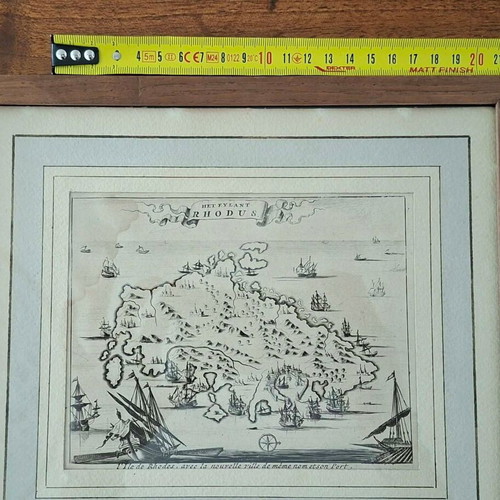 Engraving of Rhodes 1687 by O. Dapper used, copperplate with frame