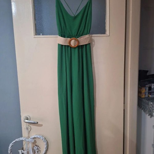 Long jumpsuit emerald green with woven belt and straps like new