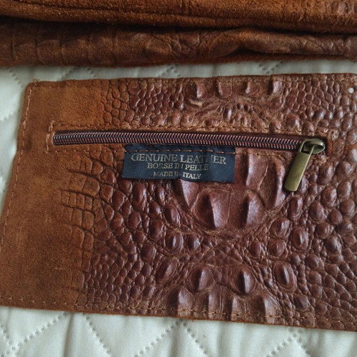 Shoulder bag new natural suede with crocodile pattern brown