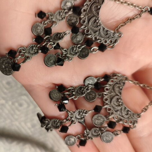 Boho earrings like new with black beads and coins, 9 cm