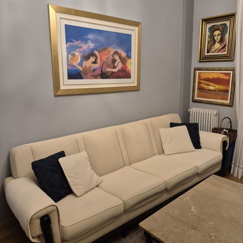 Living room furniture set used, beige-black color, includes sofa and tables