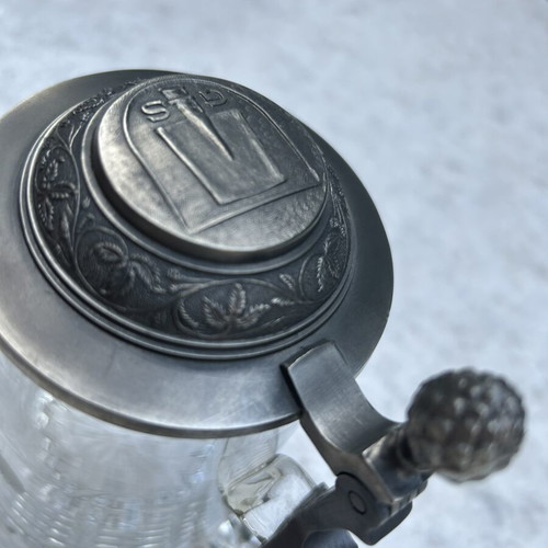 Vintage German beer stein with etched barley and hops