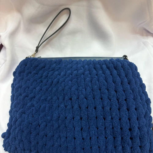 Handmade knitted blue clutch bag with inner lining new